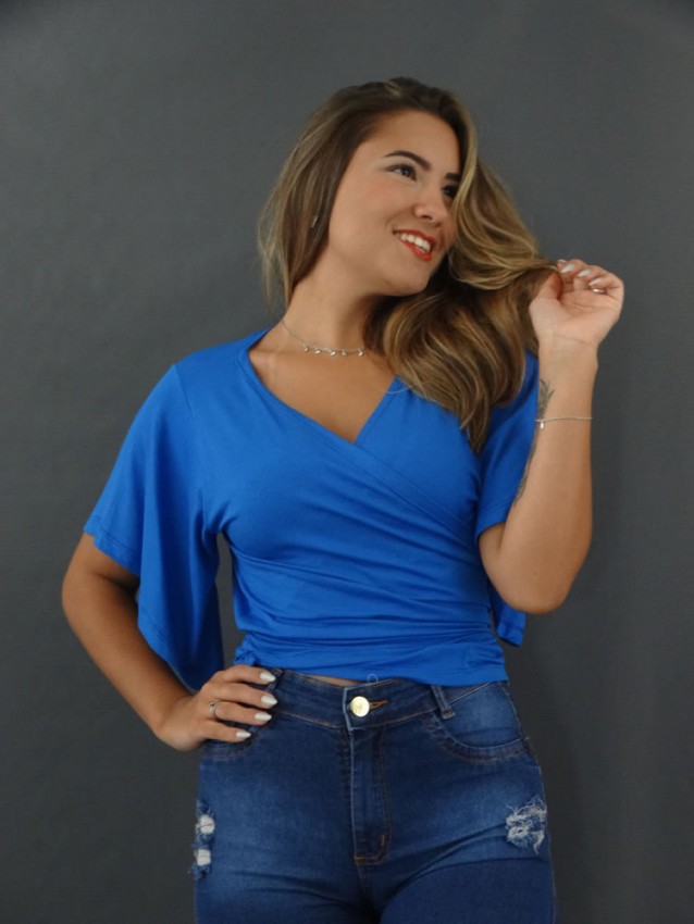 Blusa Feminina Transpassada Manga Flare em Viscolycra Azul [2201029&91;