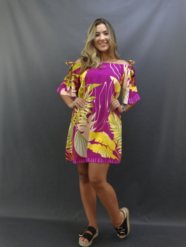 Vestido Ciganinha em Viscose Vinho Folhas [2201003]