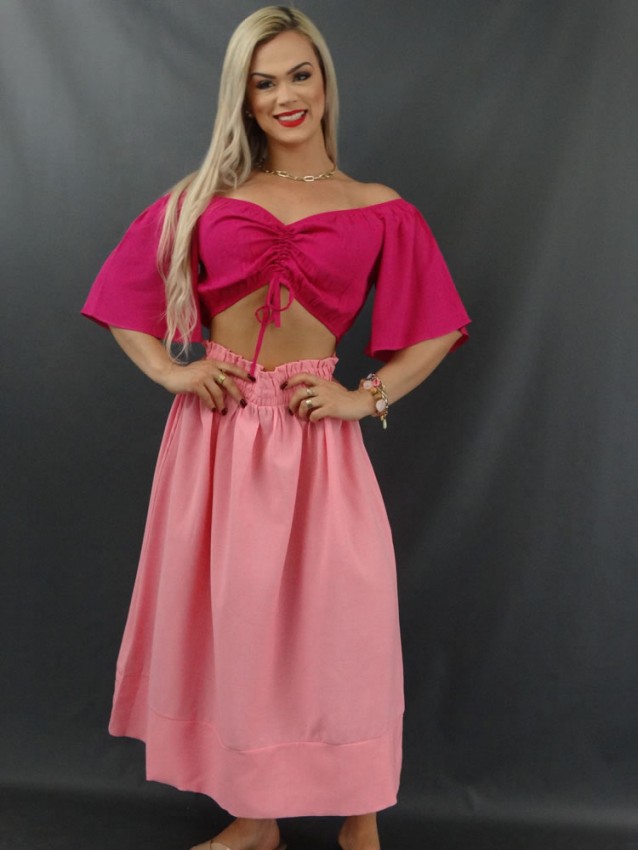 Saia Midi Cos com Elastico em Charmeuse Est Viscose Rosa [2112038&91;