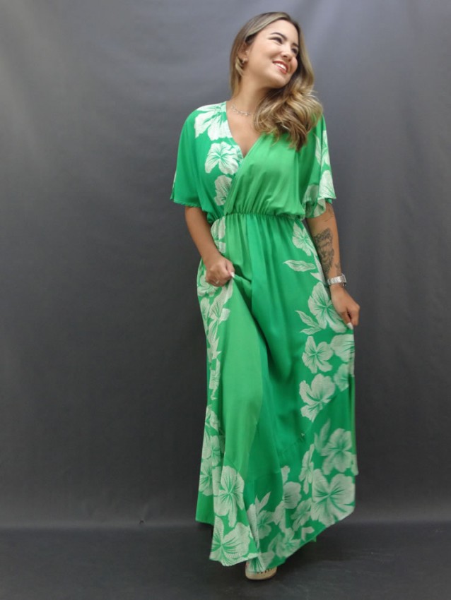 Vestido Longo com Decote Transpassado em Viscose Verde Flores [2201006]