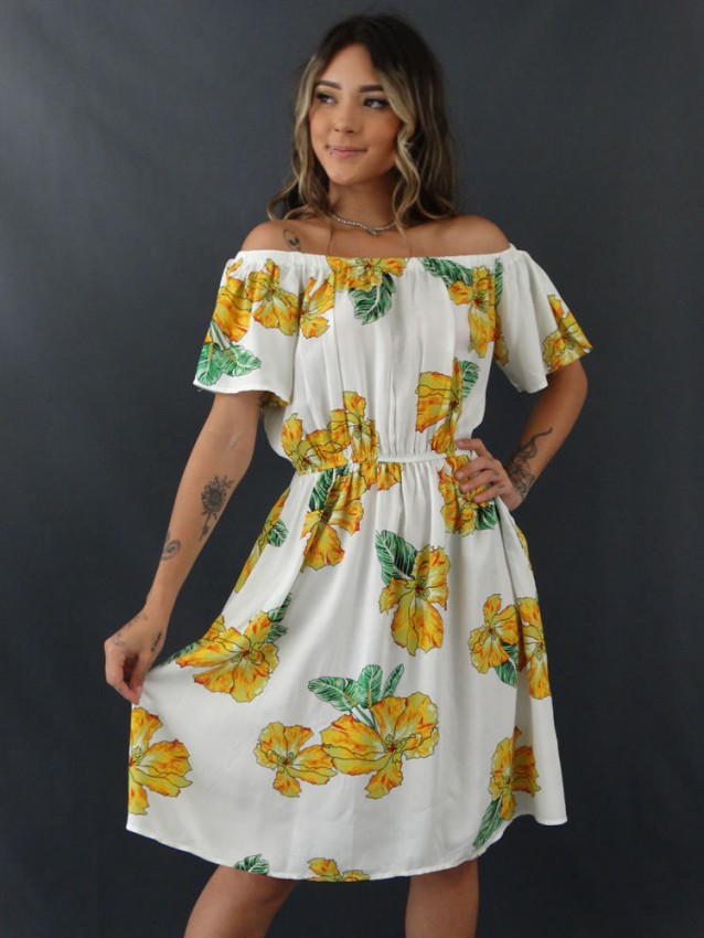 Vestido Ciganinha com Bolso em Viscose Branco Flores [2012130]