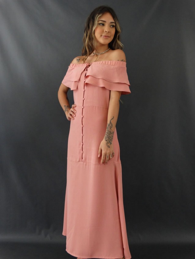 Vestido Longo Ciganinha com Botões em Crepe Rosa [2012078]