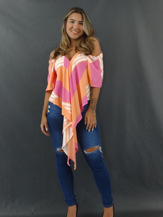 Blusa Feminina Transpassada com Alça e Manga Vazada Flare em Viscose Listras Rosa Coral e Branco [2201031&91;