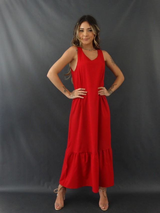 Vestido Longo Soltinho Decote Redondo Barra com Babado Vermelho Tecido Alfaiataria [ 2109281&91;