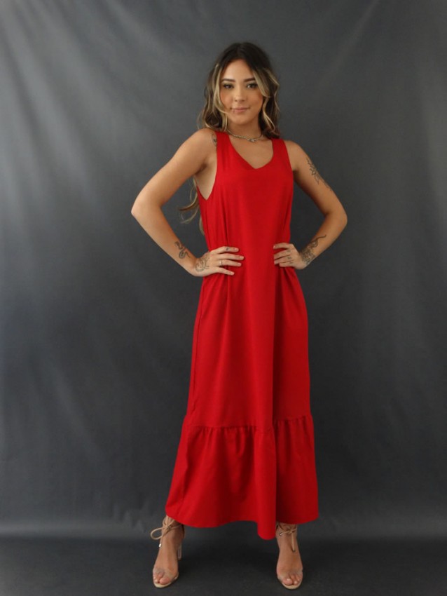 Vestido Longo Soltinho Decote Redondo Barra com Babado Vermelho Tecido Alfaiataria [ 2109281]