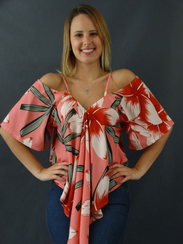 Blusa Feminina Transpassada com Alça e Manga Vazada Flare em Viscose Rosa Flores [2111012]