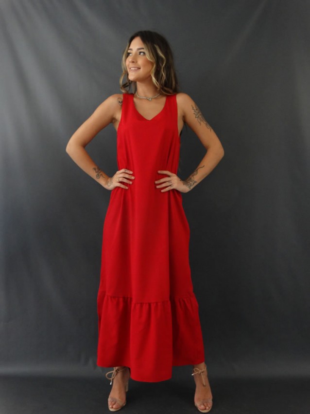 Vestido em tecido de viscose com sales decote redondo folha