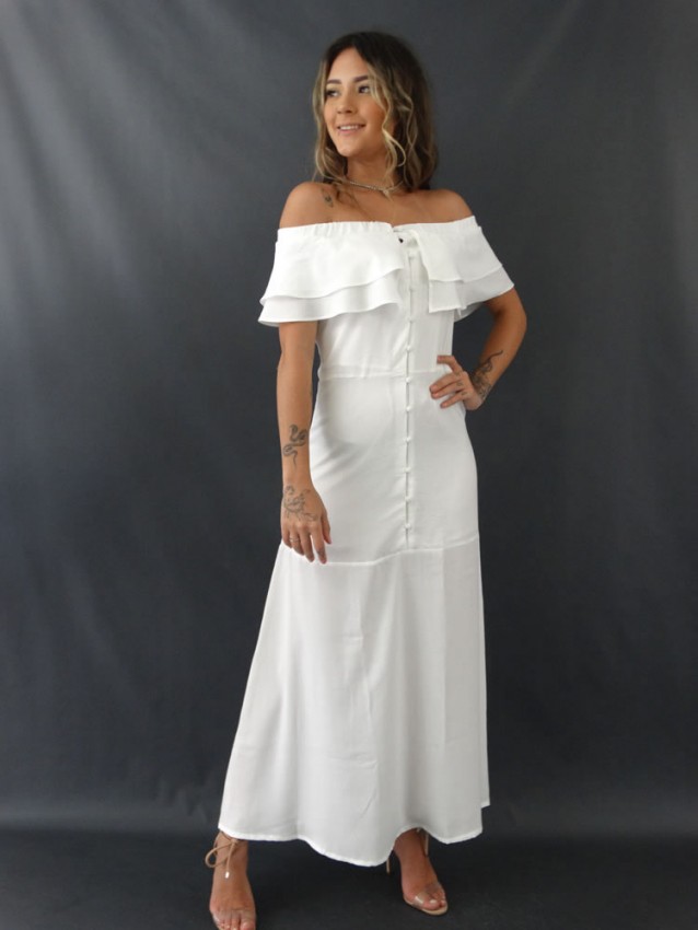 Vestido Longo Ciganinha com Botões em Crepe Branco [2012076]