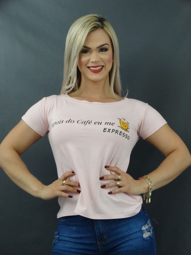 Blusa Feminina T-shirt em Viscolycra Rosa Bebe Depois do Cafe eu Me Expresso [2112124]