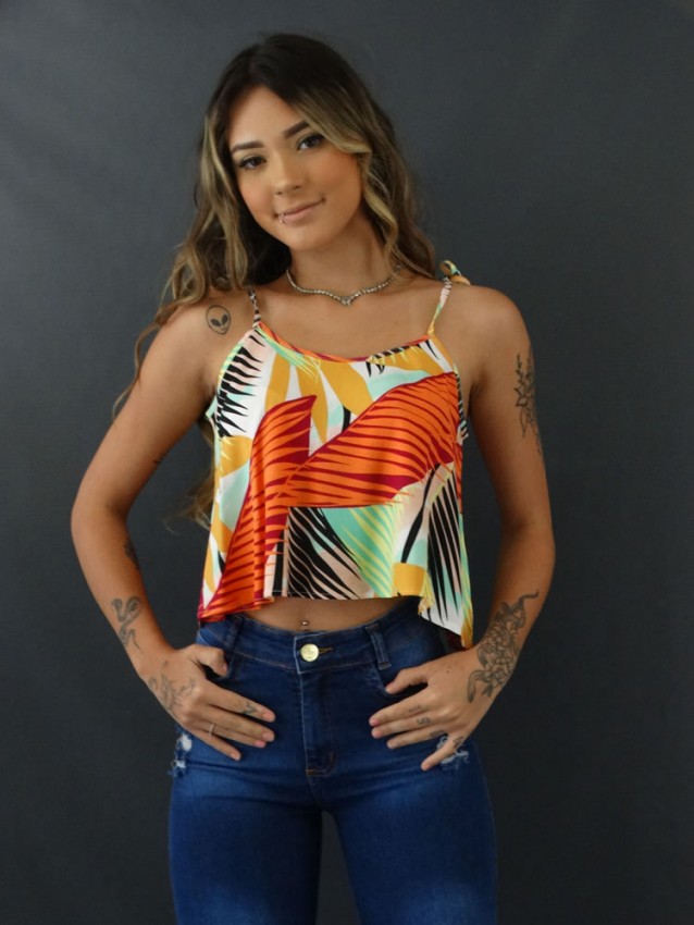 Blusa Feminina Cropped de Alca com Lacinho em Viscose Branco Folhas Colors [2110012]