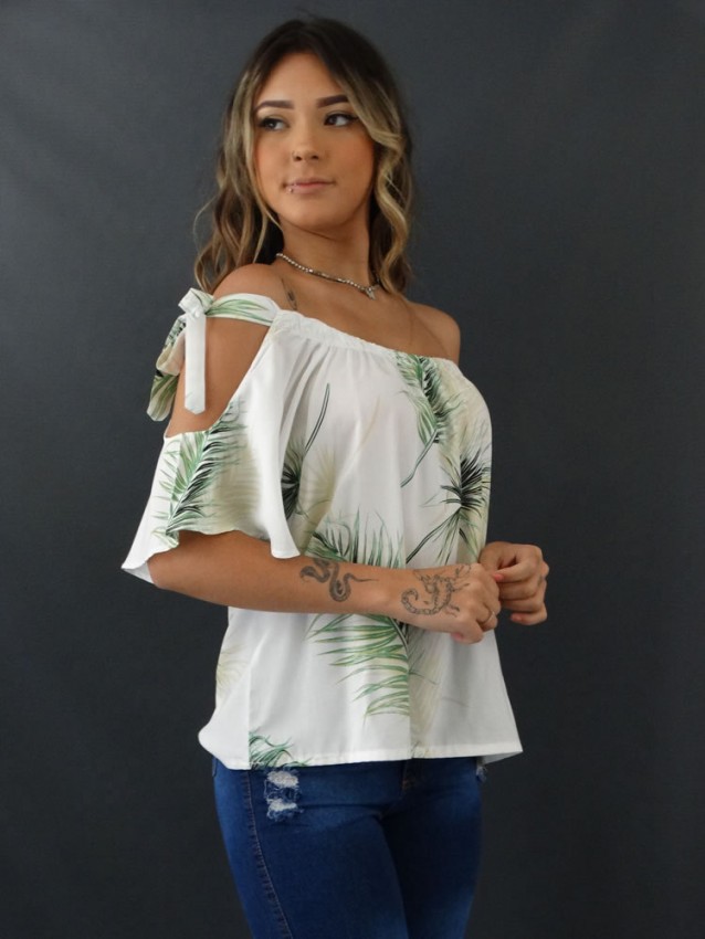 Blusa Feminina Ciganinha Ombro com Laco em Viscose Branco Folhas [2110001]