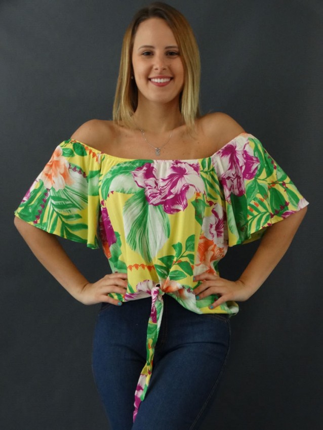 Blusa Feminina Decote Canoa Com Elastico Manga Flare Em Viscose Amarelo Flores [2111014]