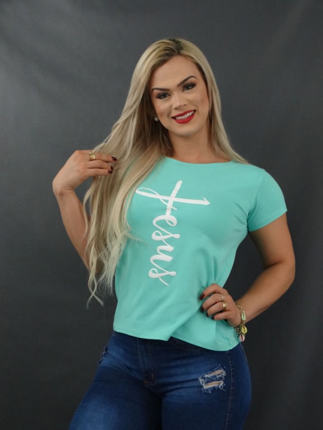 Blusa Feminina T-shirt em Viscolycra Azul Agua Cruz Jesus [2112150]