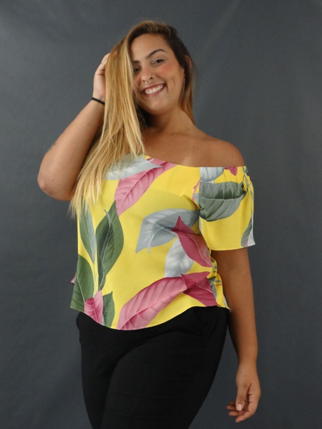 Blusa Feminina Ciganinha Estilo Bata em Viscose Plus Size Amarelo Folhas [2111040&91;