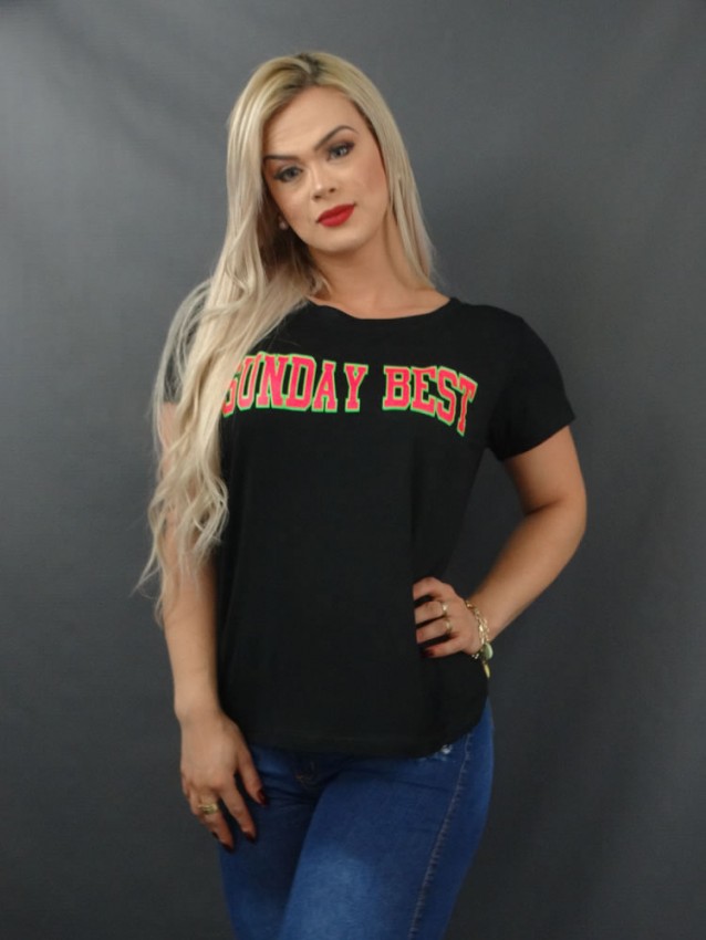 Blusa Feminina T-shirt em Viscolycra Verde Preto Sunday Best [2112149]