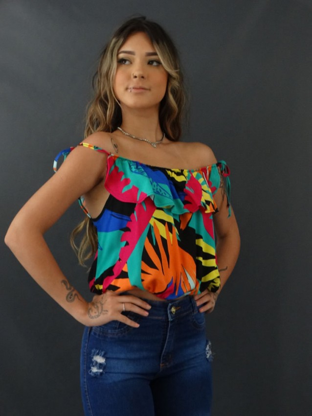 Blusa Feminina Ciganinha com Elastico e Lacinho em Viscose Folhas Colors[2109067]