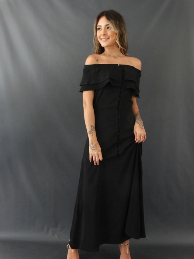 Vestido Longo Ciganinha com Bot es em Crepe Preto 2012077