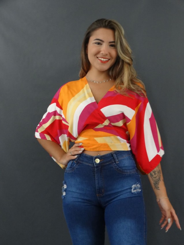 Blusa Cropped Decote Transpassado em Viscose Listras Colors [2201011]