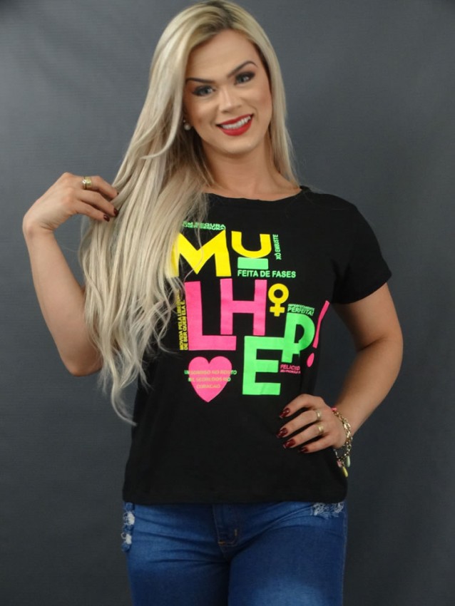 Blusa Feminina T-shirt em Viscolycra Mulher Preto [2112127]